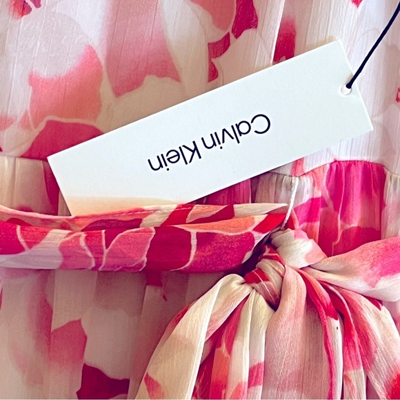 Calvin Klein Womens Pink Chiffon Floral Summer Midi Dress NWOT size 6 - Picture 9 of 11